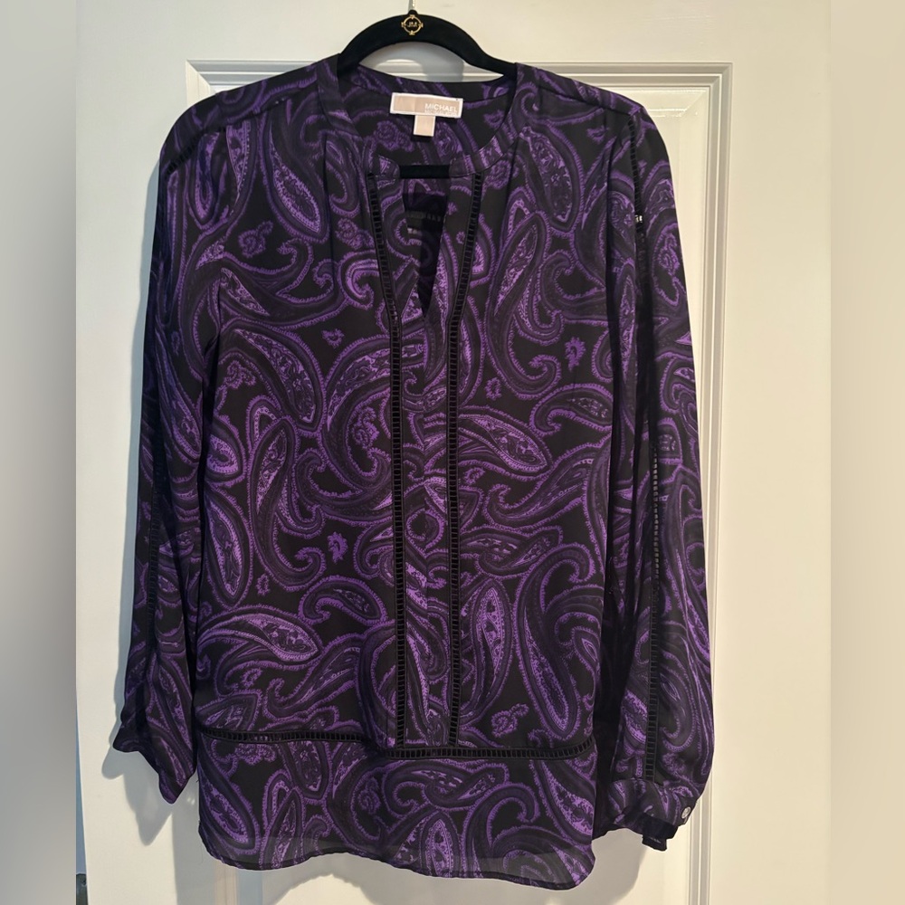 Michael Kors Paisley Blouse Purple Black Sheer Boho Long Sleeve Top M